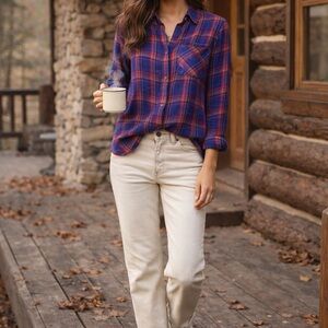 Anthro Cloth & Stone Plaid Button Down XS Blue Red Rayon Boho Shirt